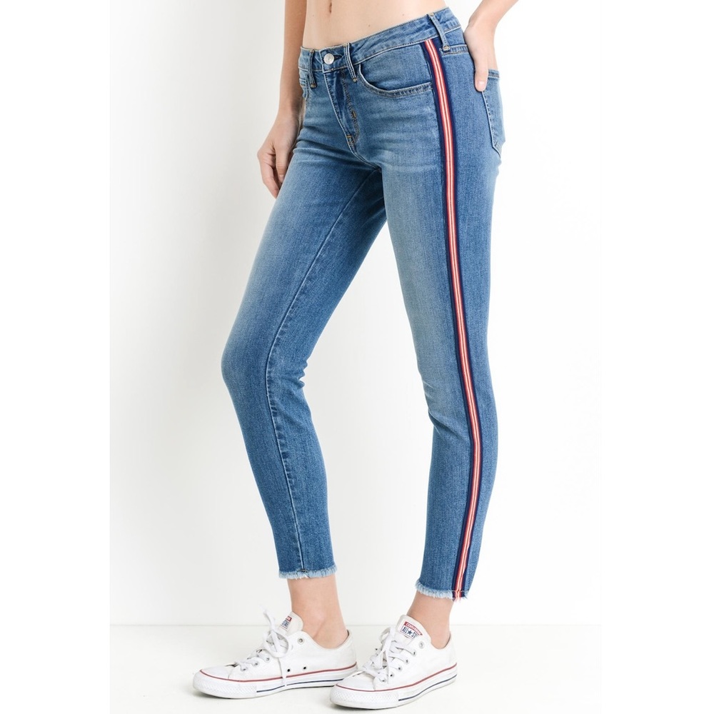 Just Black Skinny Jeans with Bold Red Stripe